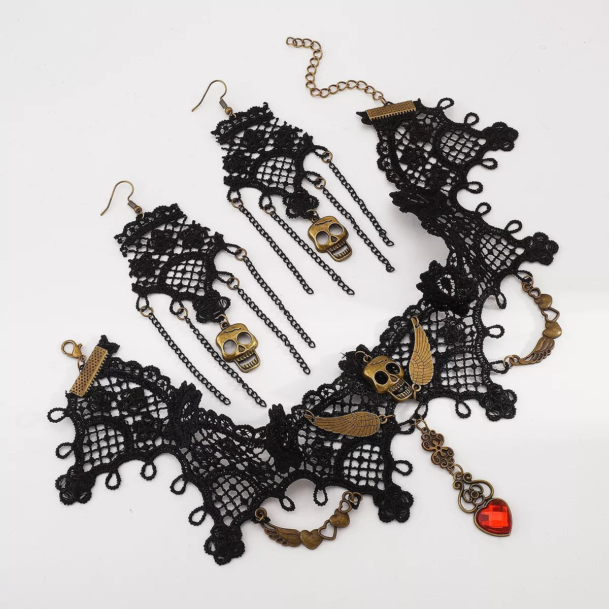 Halloween Lace Skull Necklace and Earrings Jewelry Set - Goddess Vibes