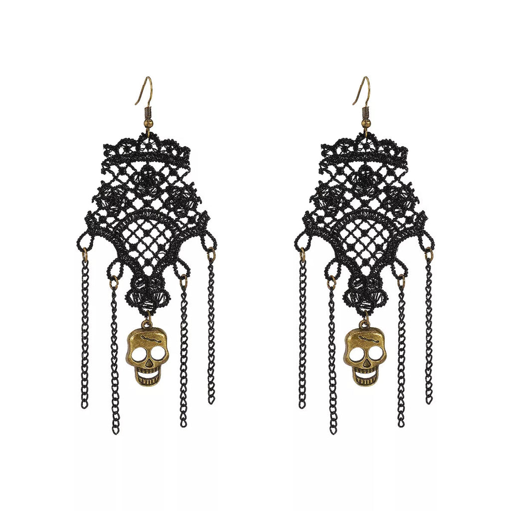 Halloween Lace Skull Necklace and Earrings Jewelry Set - Goddess Vibes