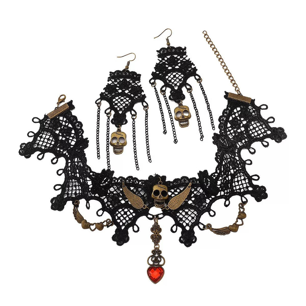 Halloween Lace Skull Necklace and Earrings Jewelry Set - Goddess Vibes