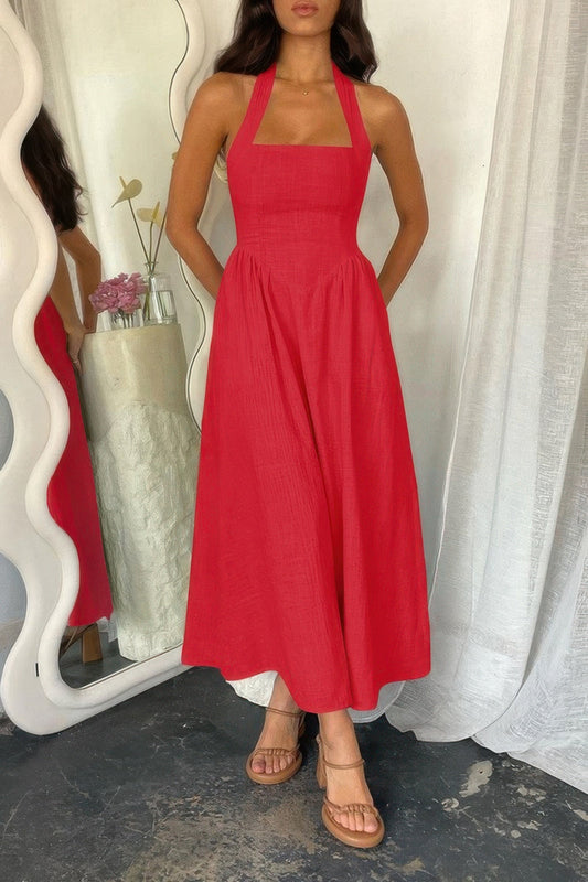 Halter Solid Pockets Sleeveless A Line Long Dress - Goddess Vibes