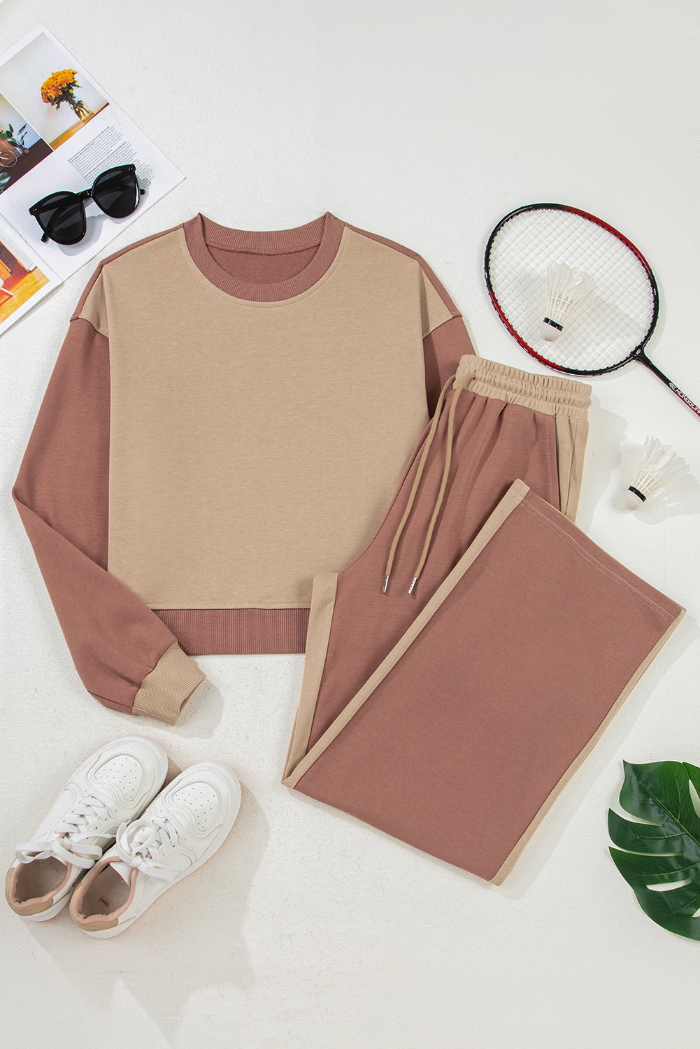 Khaki Color Block Long Sleeve Crop Top Drawstring Pant Set - Goddess Vibes