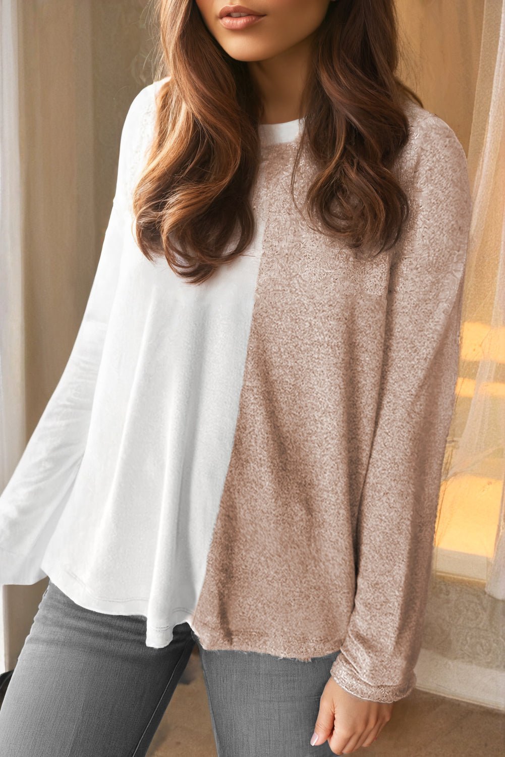 Khaki Colorblock Long Sleeve Crew Neck Top - Goddess Vibes
