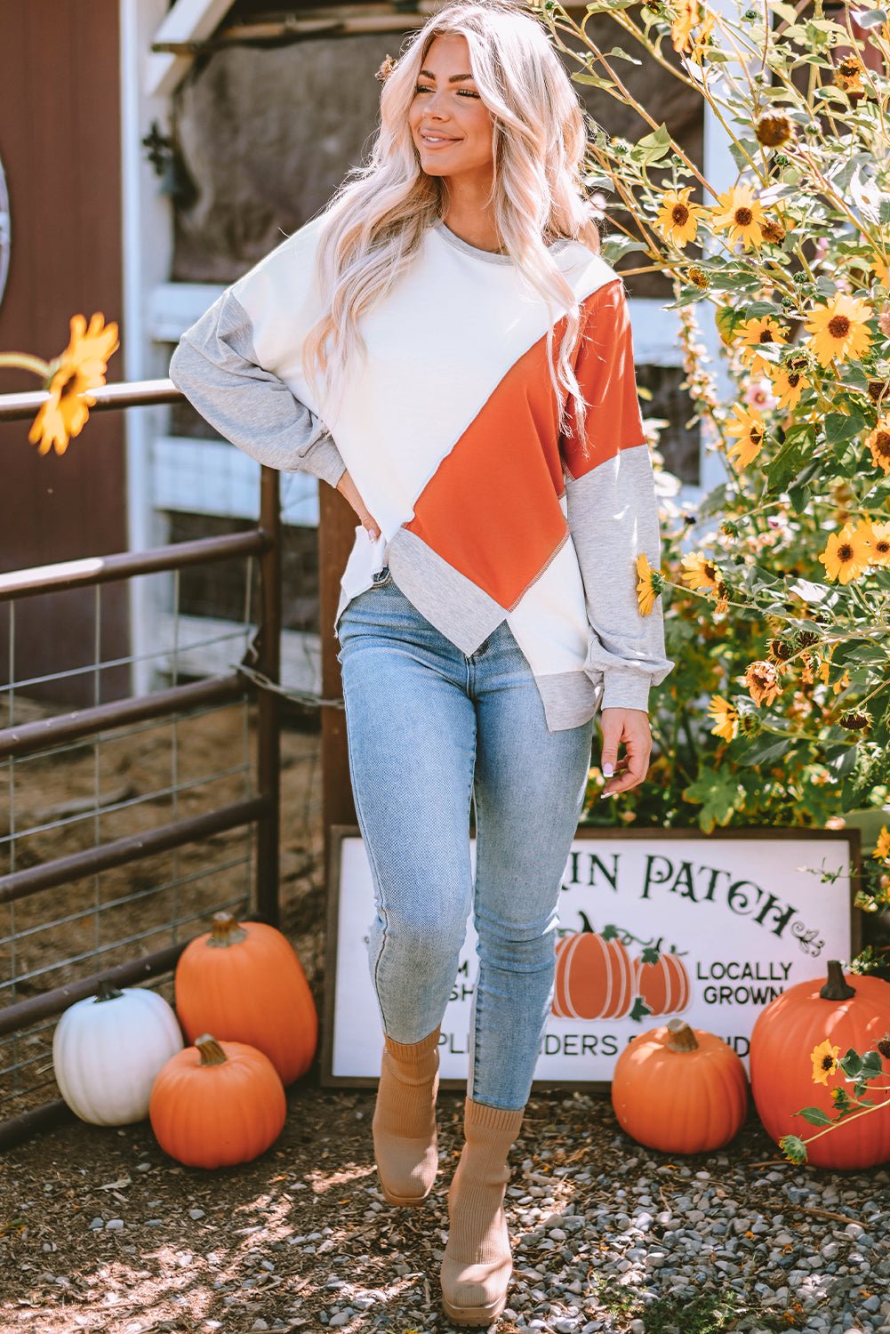 Khaki Colorblock Stitching Irregular Hem Long Sleeve Top - Goddess Vibes