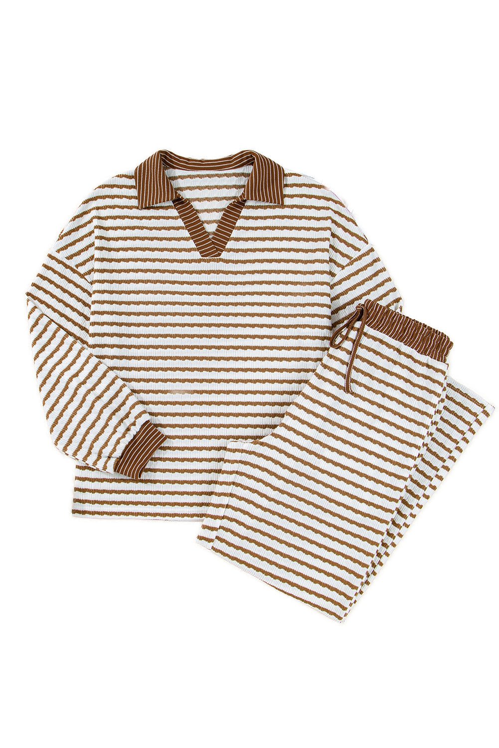 Khaki Stripe Collared Pullover Top and Drawstring Pant Set - Goddess Vibes