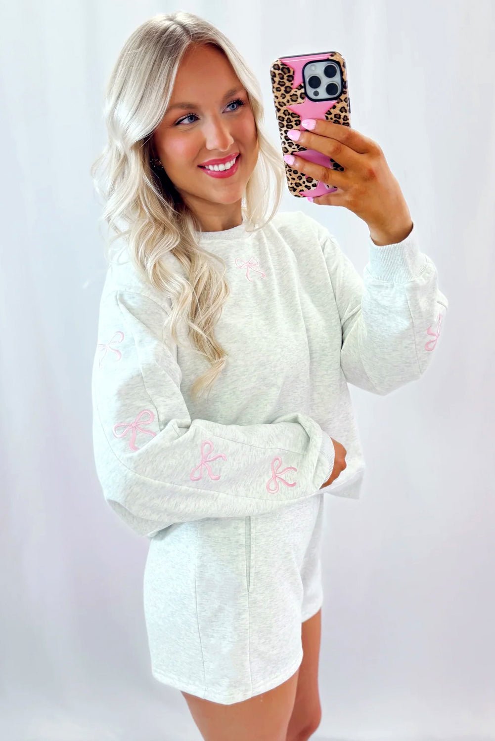 Light Grey Girly Bow Embroidered Detail Puff Sleeve Pullover 2pcs Short Set - Goddess Vibes