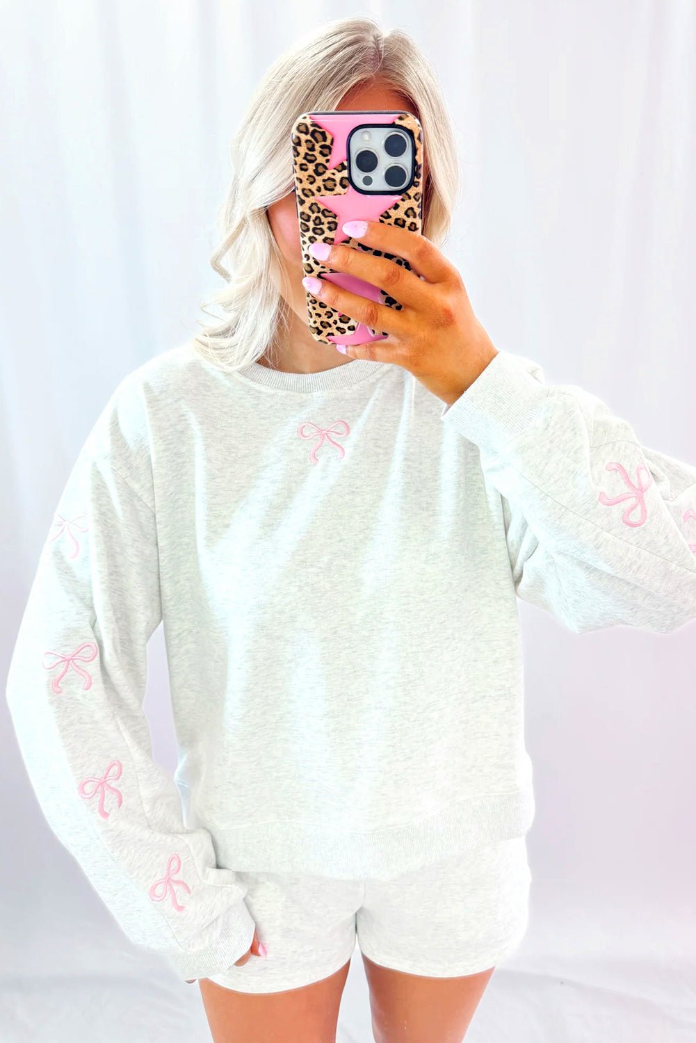 Light Grey Girly Bow Embroidered Detail Puff Sleeve Pullover 2pcs Short Set - Goddess Vibes