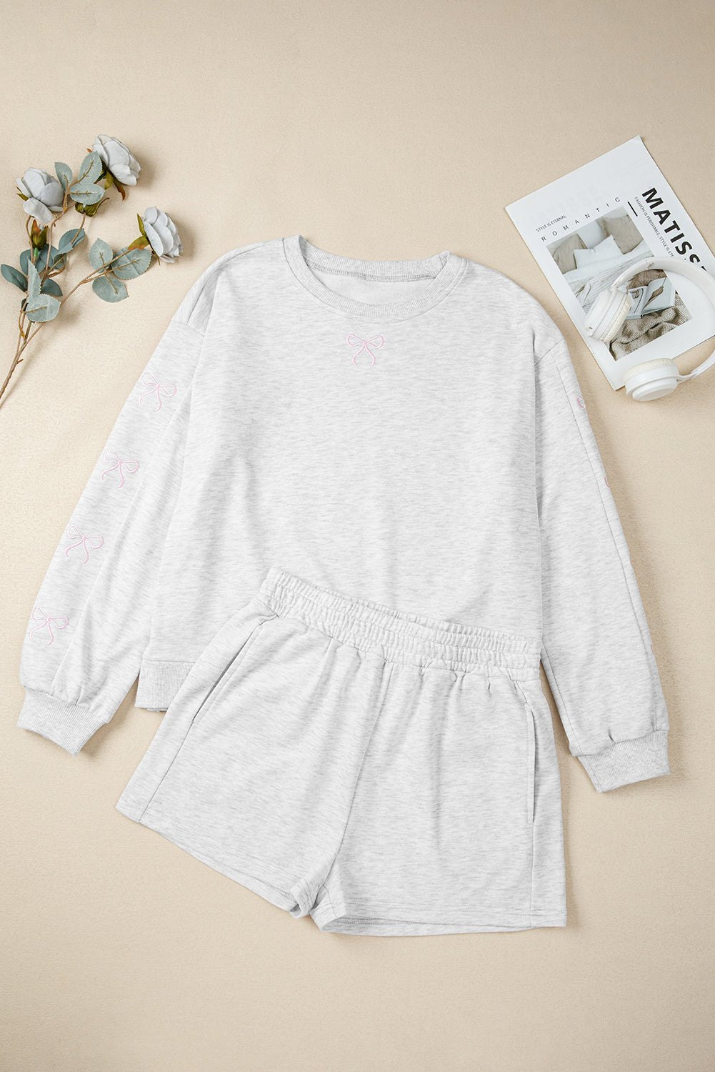 Light Grey Girly Bow Embroidered Detail Puff Sleeve Pullover 2pcs Short Set - Goddess Vibes