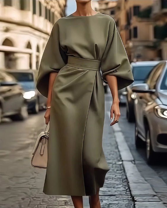 Loose Batwing Sleeve Dress Fashion Waist - tighted Solid Color Elegant Dresses For Women Clothing - Goddess Vibes
