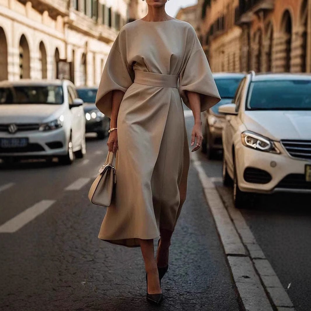 Loose Batwing Sleeve Dress Fashion Waist - tighted Solid Color Elegant Dresses For Women Clothing - Goddess Vibes