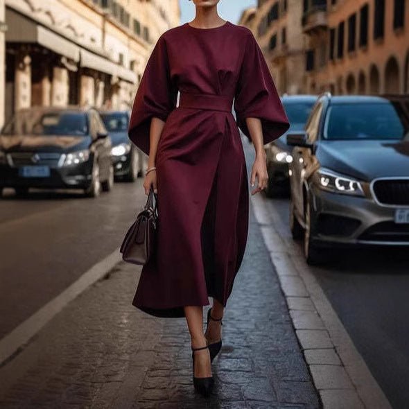 Loose Batwing Sleeve Dress Fashion Waist - tighted Solid Color Elegant Dresses For Women Clothing - Goddess Vibes