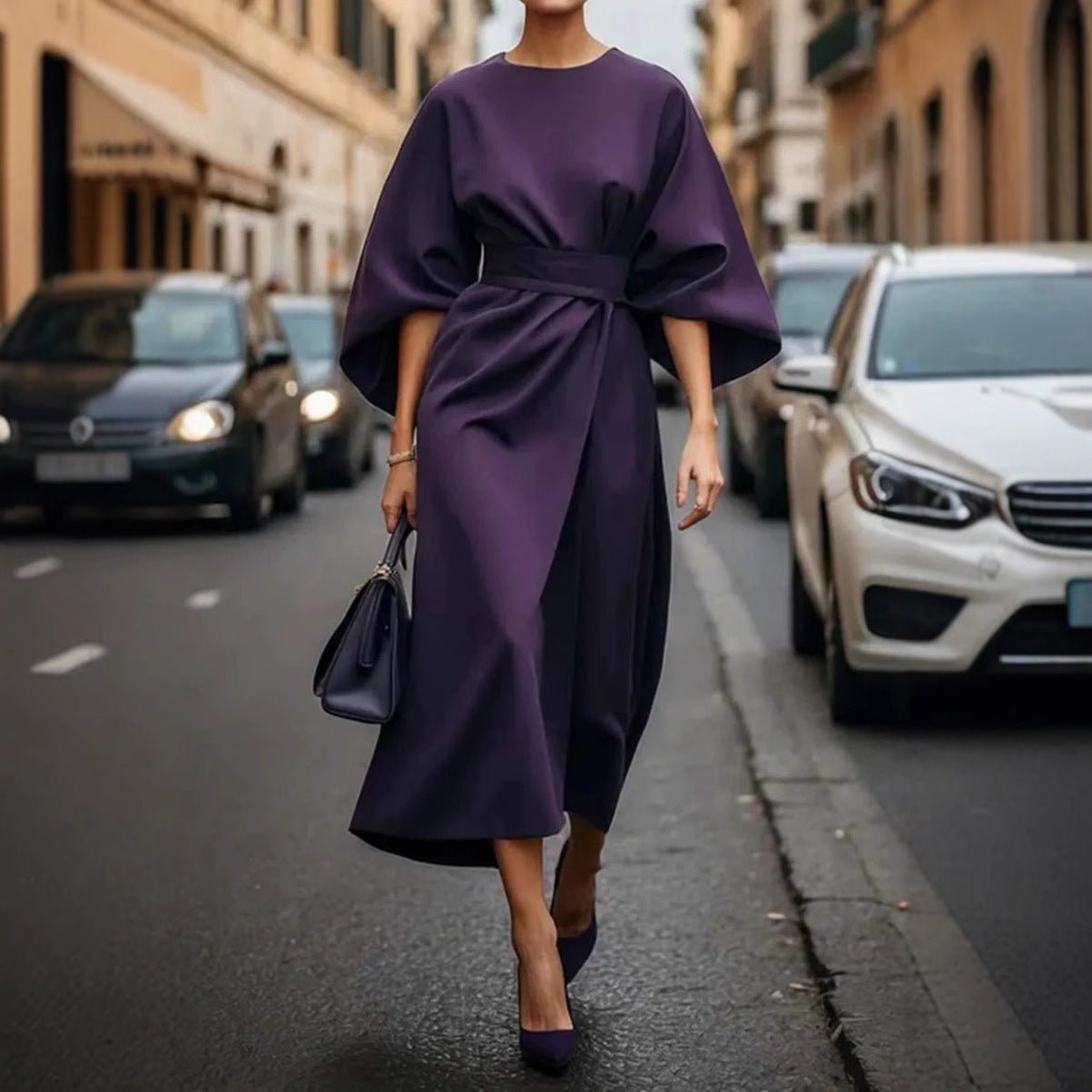 Loose Batwing Sleeve Dress Fashion Waist - tighted Solid Color Elegant Dresses For Women Clothing - Goddess Vibes