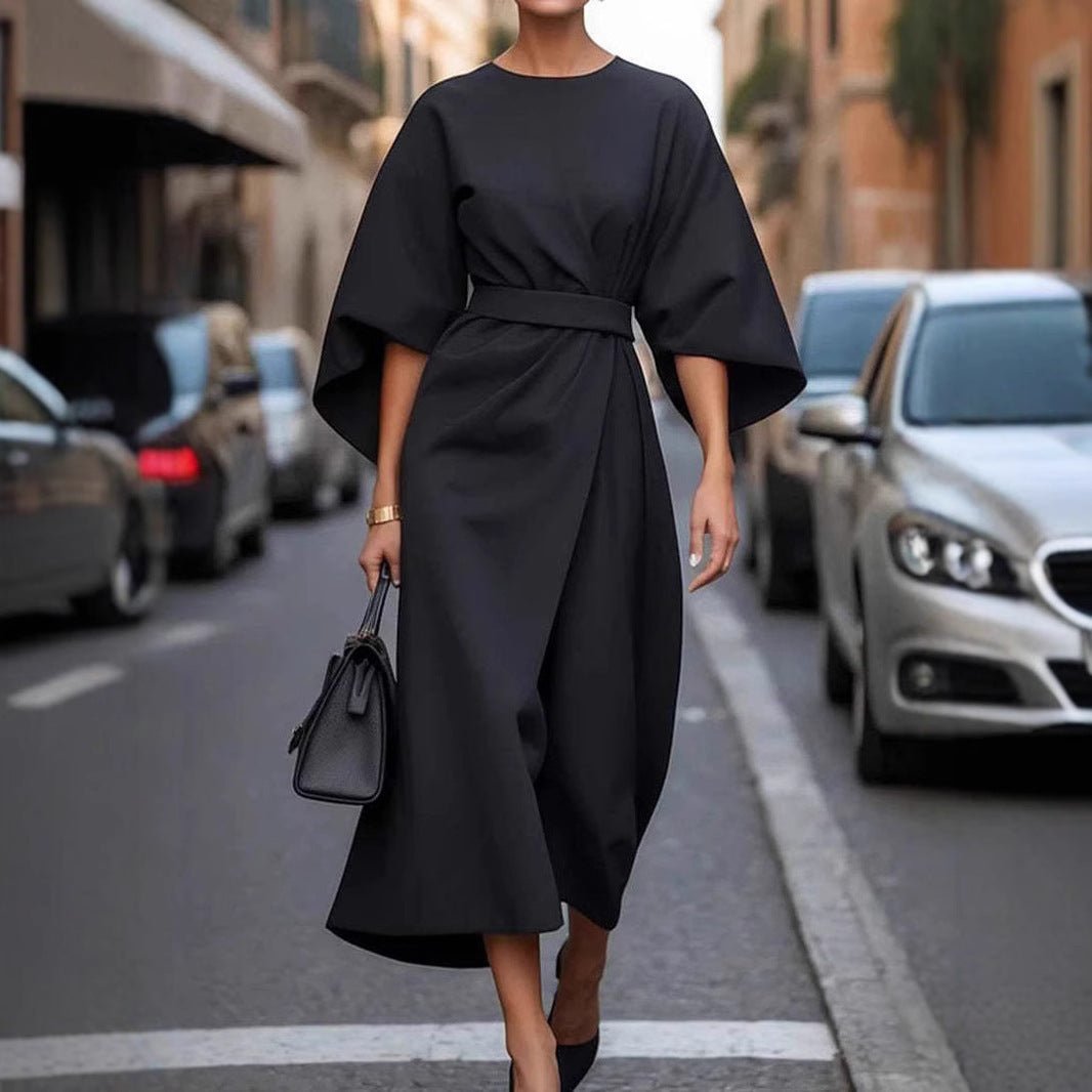 Loose Batwing Sleeve Dress Fashion Waist - tighted Solid Color Elegant Dresses For Women Clothing - Goddess Vibes