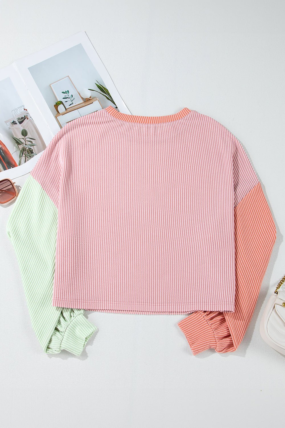 Multicolour Corded Colorblock Patchwork Drop Shoulder Long Sleeve Top - Goddess Vibes