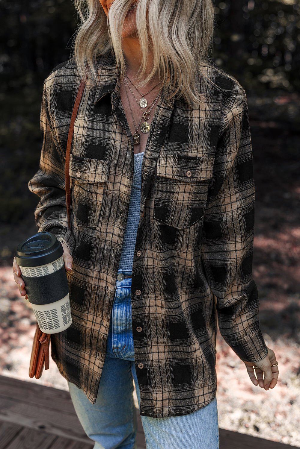Multicolour Retro Plaid Double Flap Pocket Brushed Shacket - Goddess Vibes