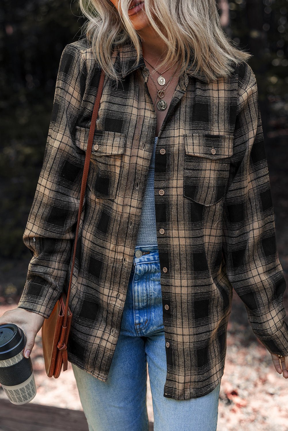 Multicolour Retro Plaid Double Flap Pocket Brushed Shacket - Goddess Vibes