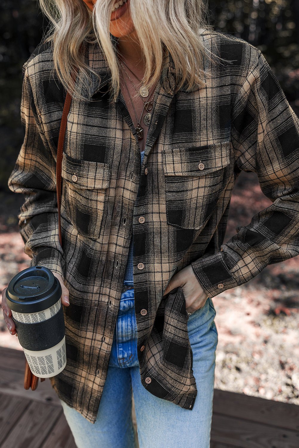 Multicolour Retro Plaid Double Flap Pocket Brushed Shacket - Goddess Vibes