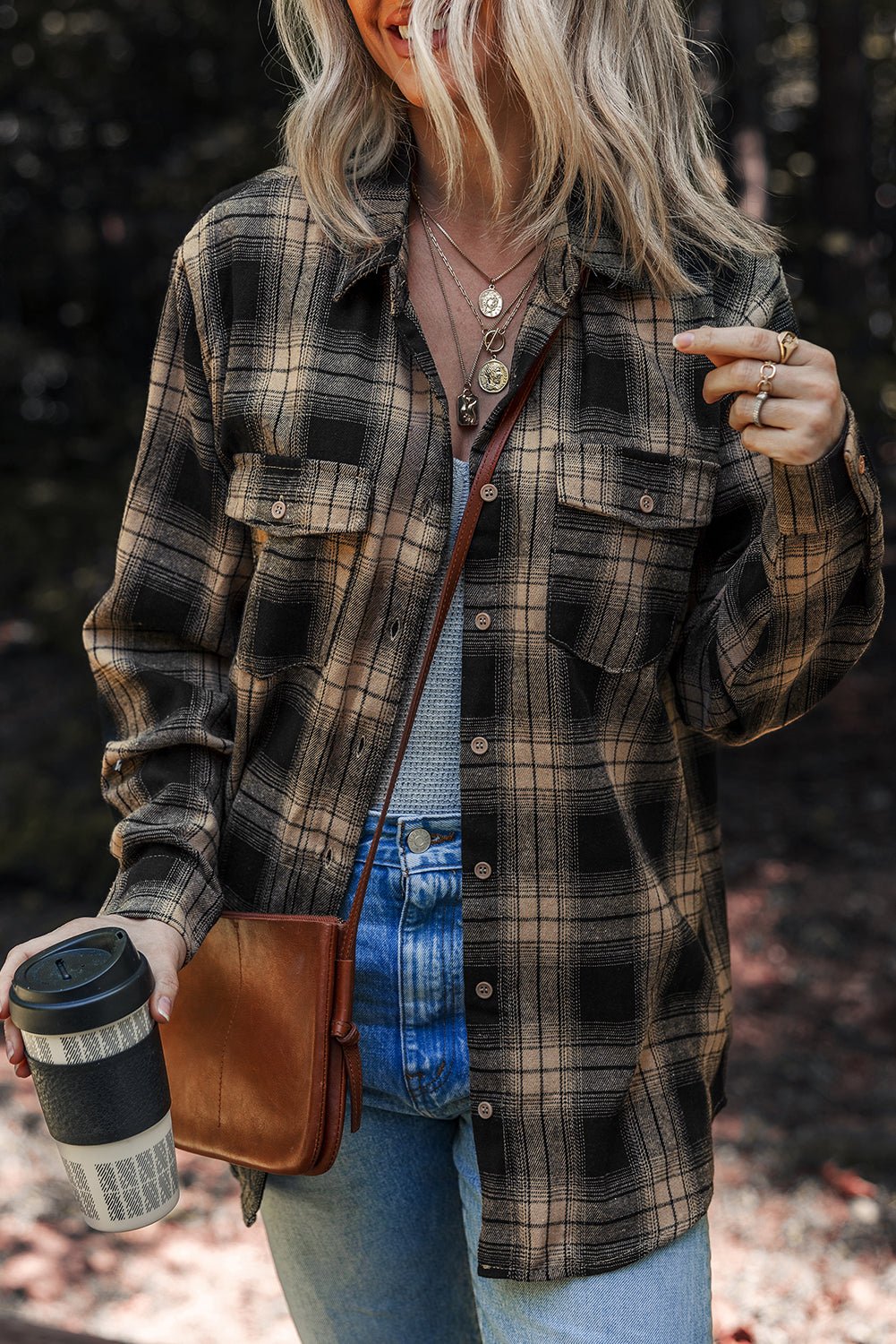 Multicolour Retro Plaid Double Flap Pocket Brushed Shacket - Goddess Vibes