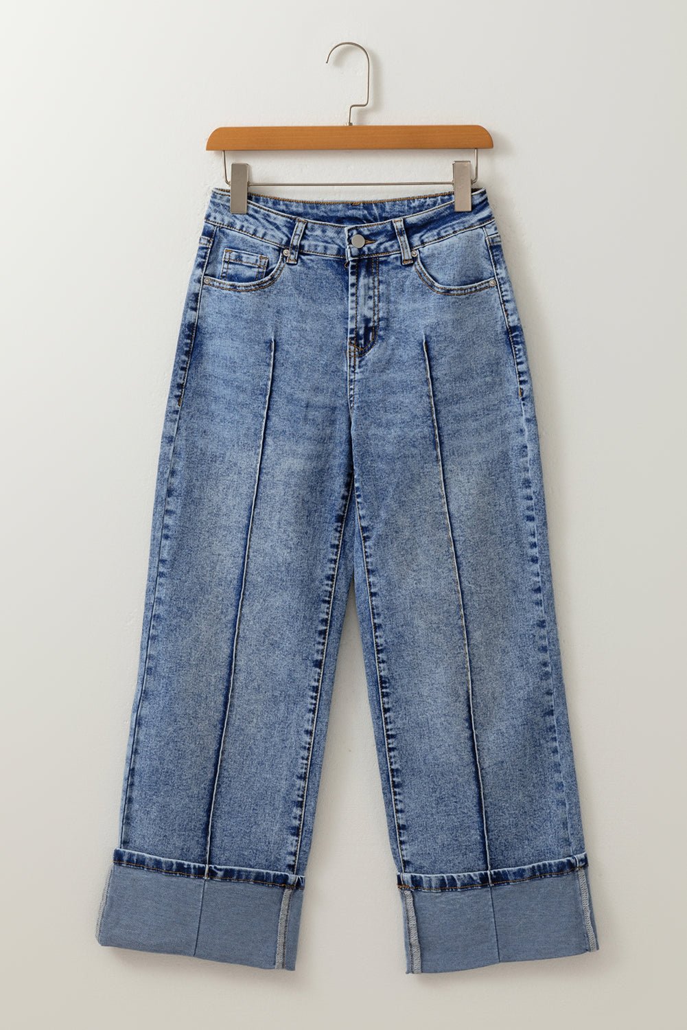 Myosotis Center Seam Cuffed Hem Straight High Waist Jeans - Goddess Vibes