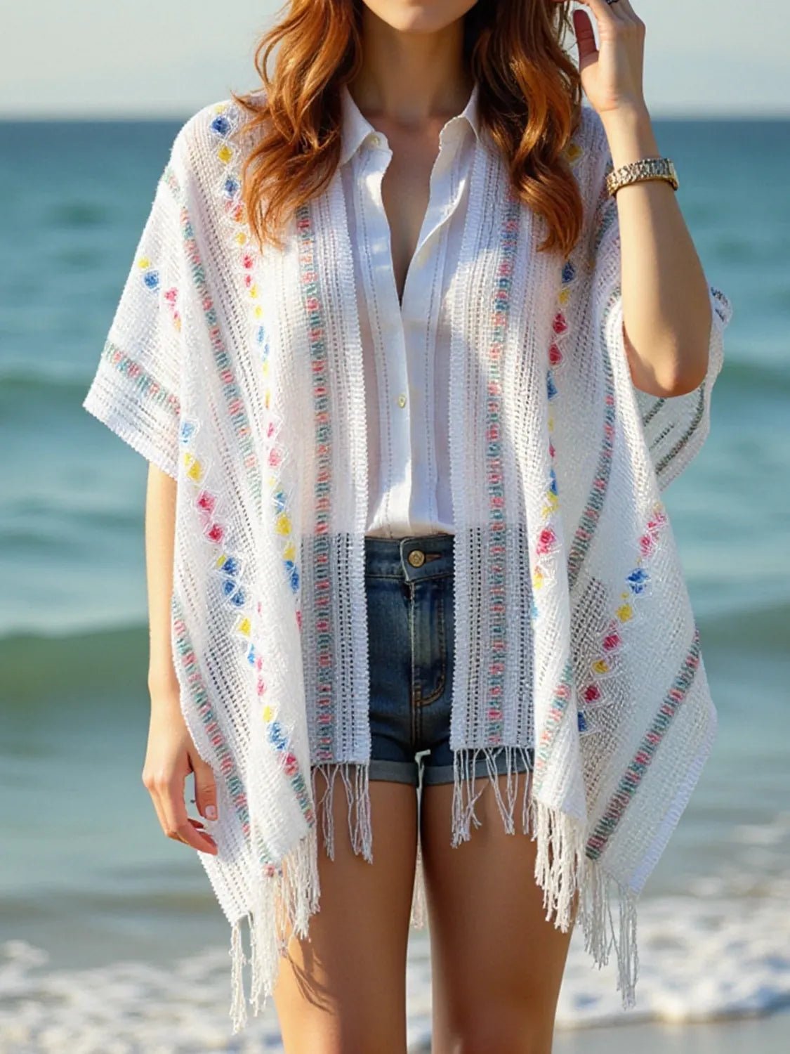 Openwork Fringe Open Front Knit Cape - Goddess Vibes