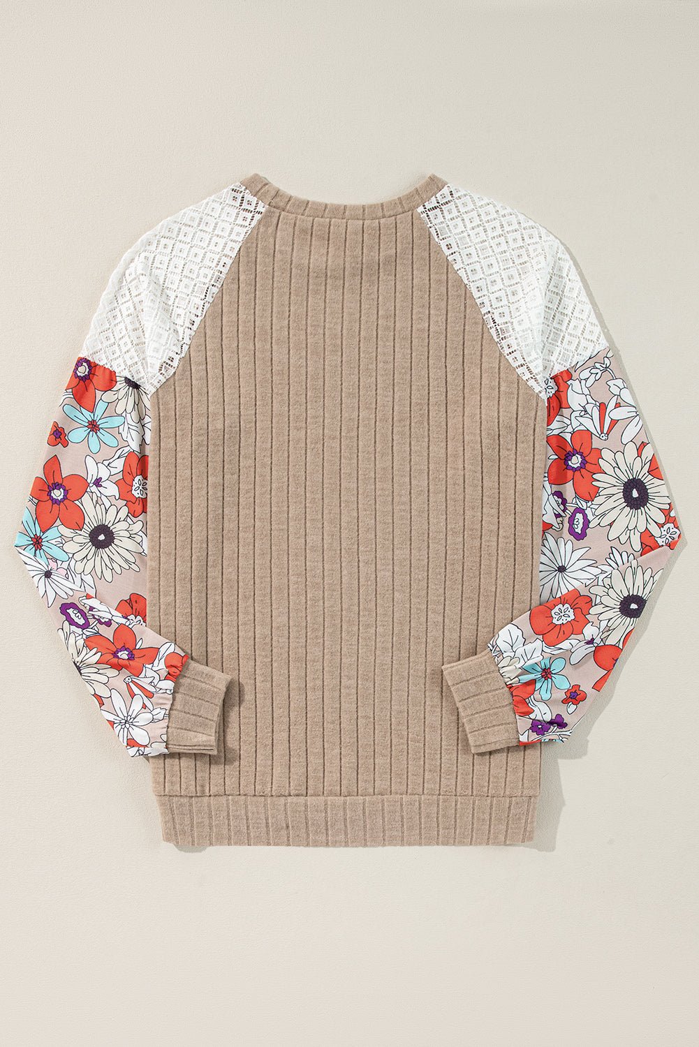 Parchment Floral Patchwork Long Sleeve Ribbed Blouse - Goddess Vibes