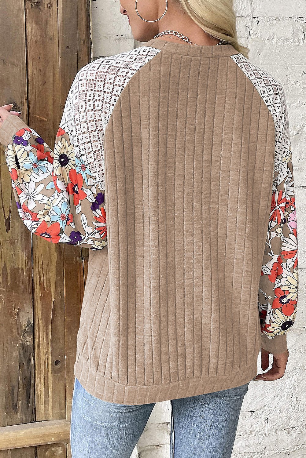 Parchment Floral Patchwork Long Sleeve Ribbed Blouse - Goddess Vibes