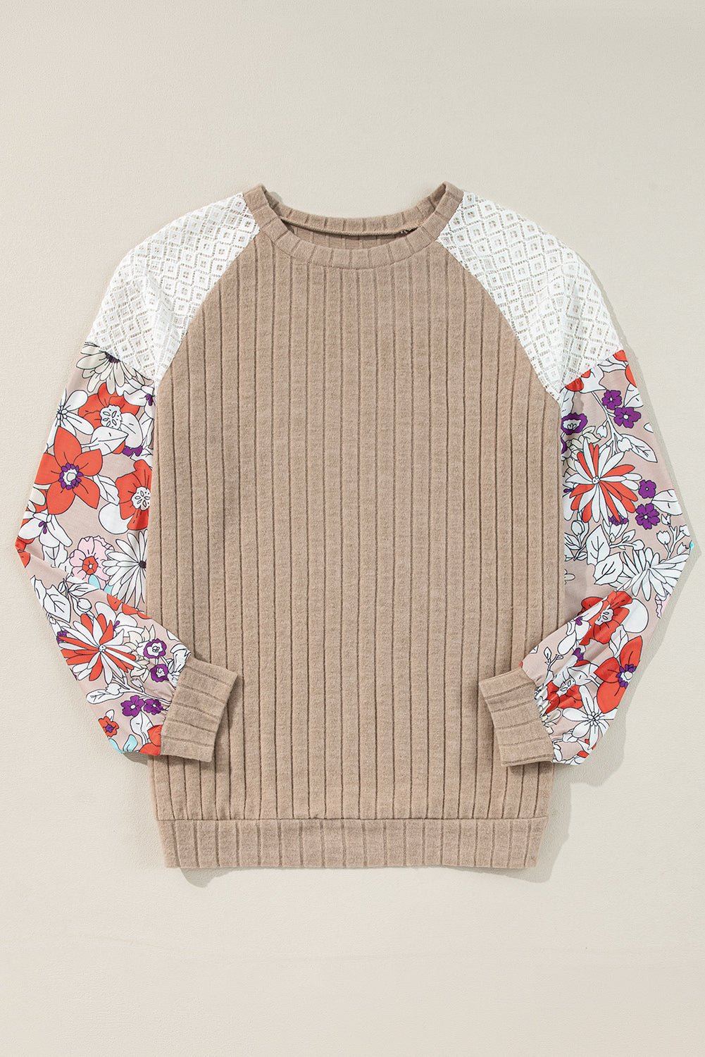 Parchment Floral Patchwork Long Sleeve Ribbed Blouse - Goddess Vibes