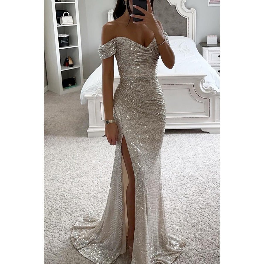 Party Sequins Off - neck Split Dress INS Casual Fashion Dress Women - Goddess Vibes
