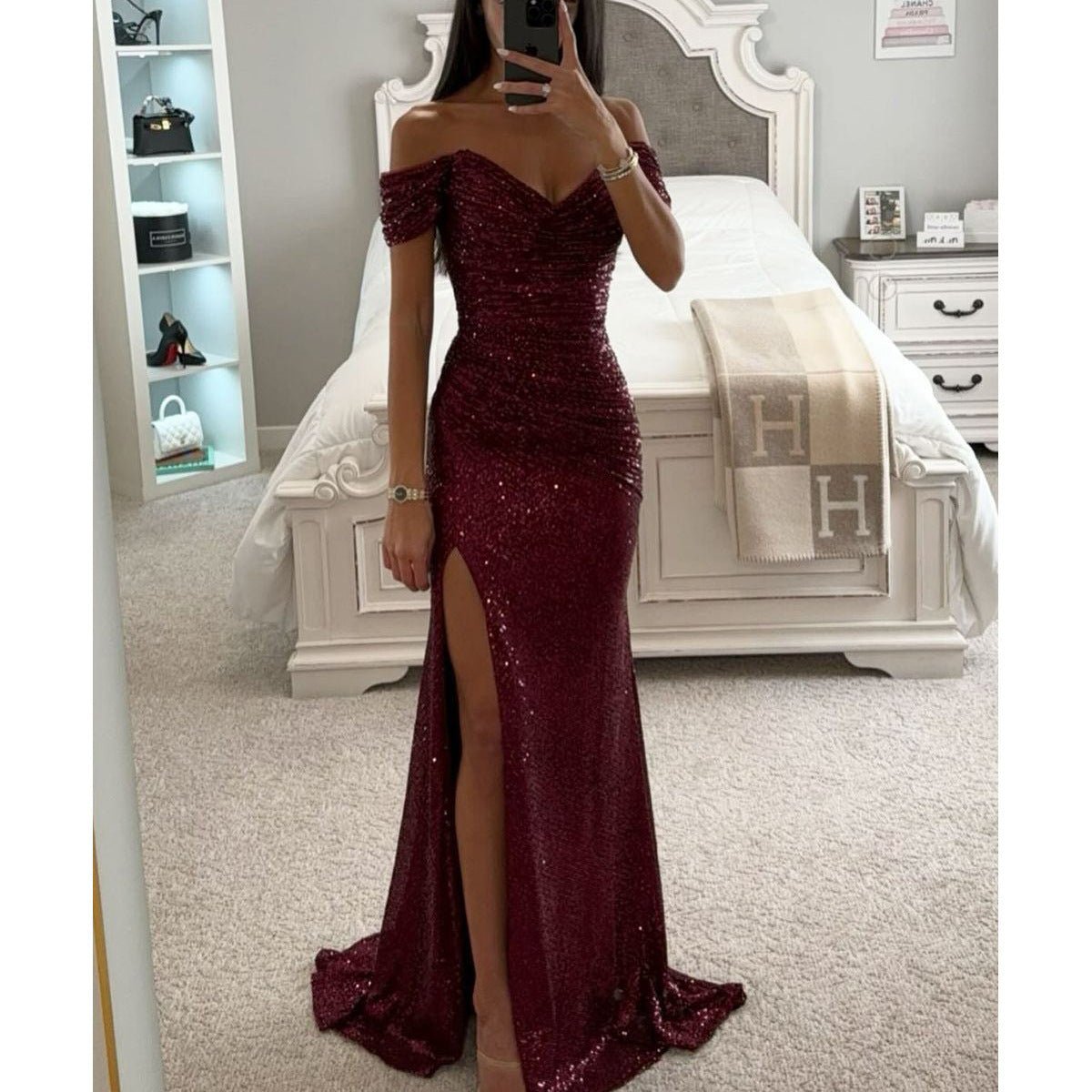 Party Sequins Off - neck Split Dress INS Casual Fashion Dress Women - Goddess Vibes