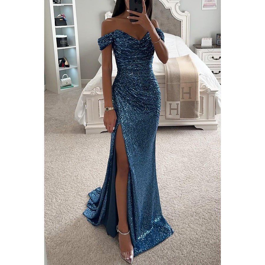Party Sequins Off - neck Split Dress INS Casual Fashion Dress Women - Goddess Vibes