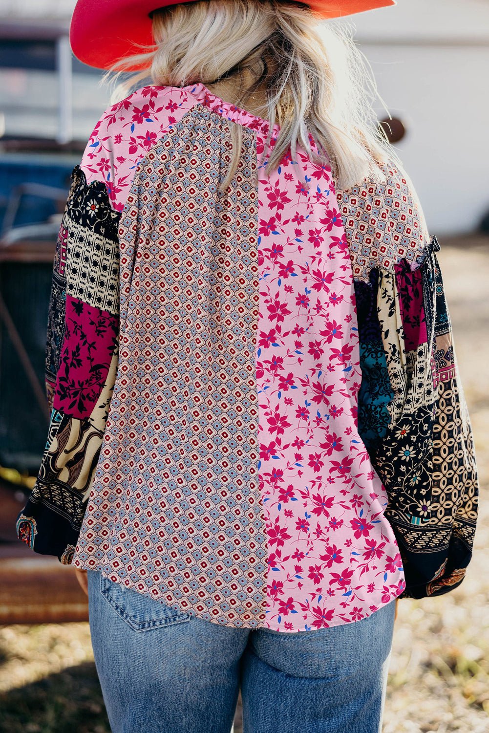 Pink Boho Mixed Floral Drop Shoulder Bubble Sleeve Blouse - Goddess Vibes
