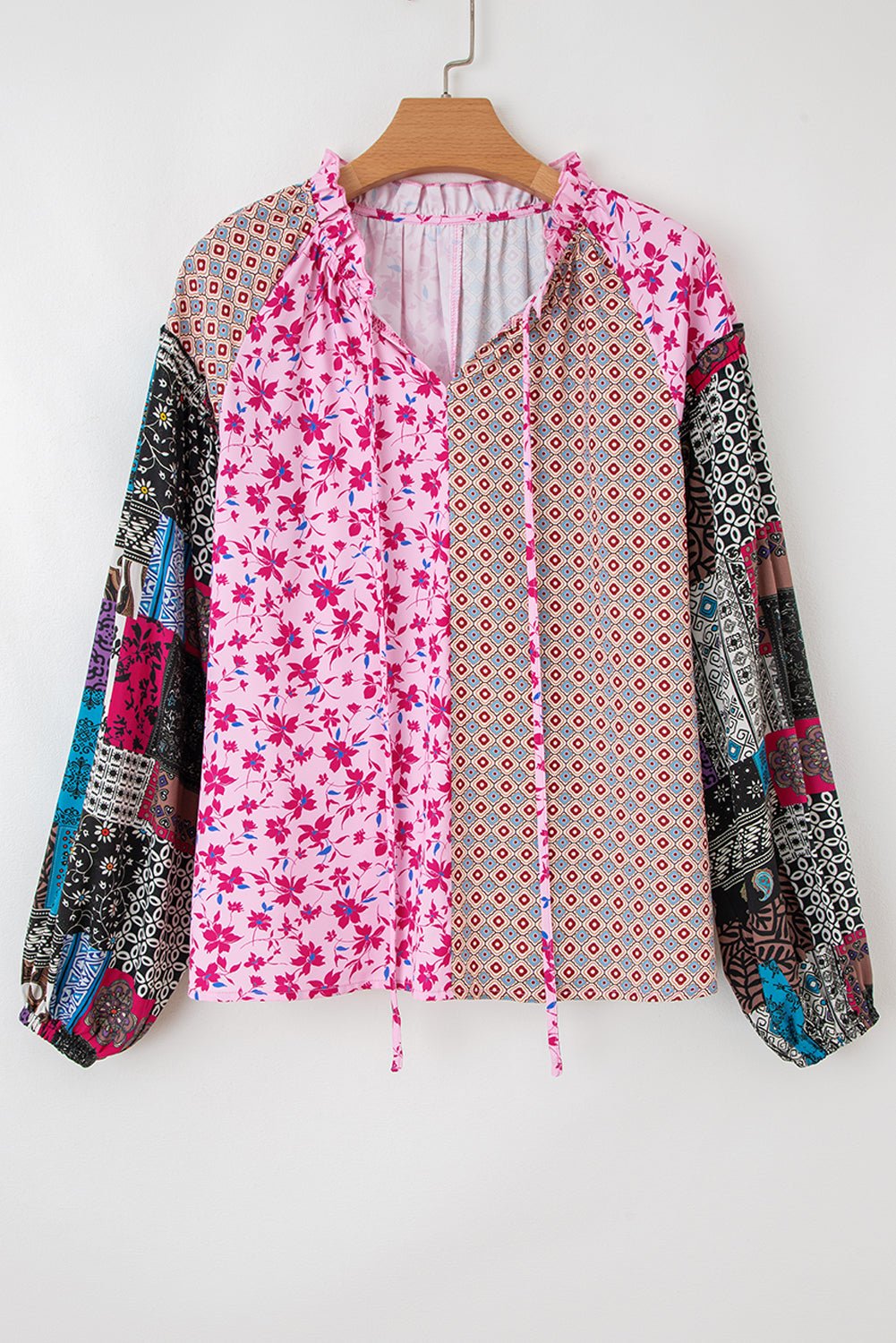 Pink Boho Mixed Floral Drop Shoulder Bubble Sleeve Blouse - Goddess Vibes