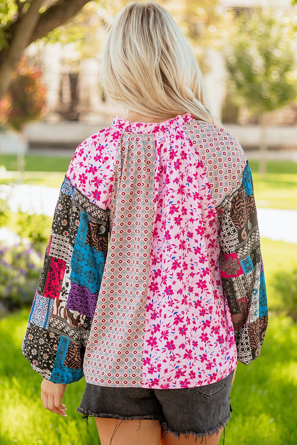 Pink Boho Mixed Floral Drop Shoulder Bubble Sleeve Blouse - Goddess Vibes