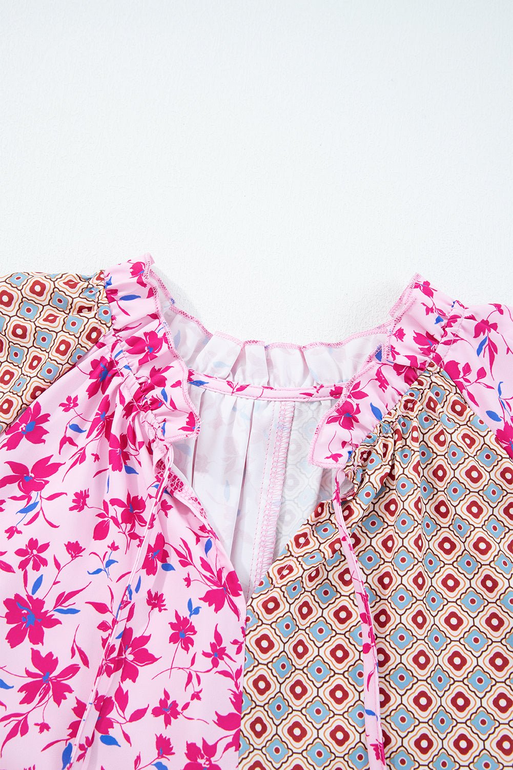 Pink Boho Mixed Floral Drop Shoulder Bubble Sleeve Blouse - Goddess Vibes
