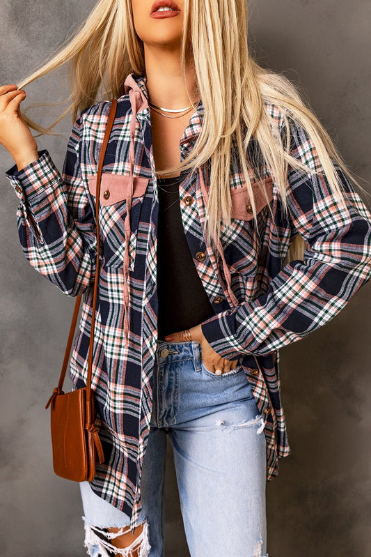 Pink Contrast Hooded Drawstring Plaid Shacket - Goddess Vibes