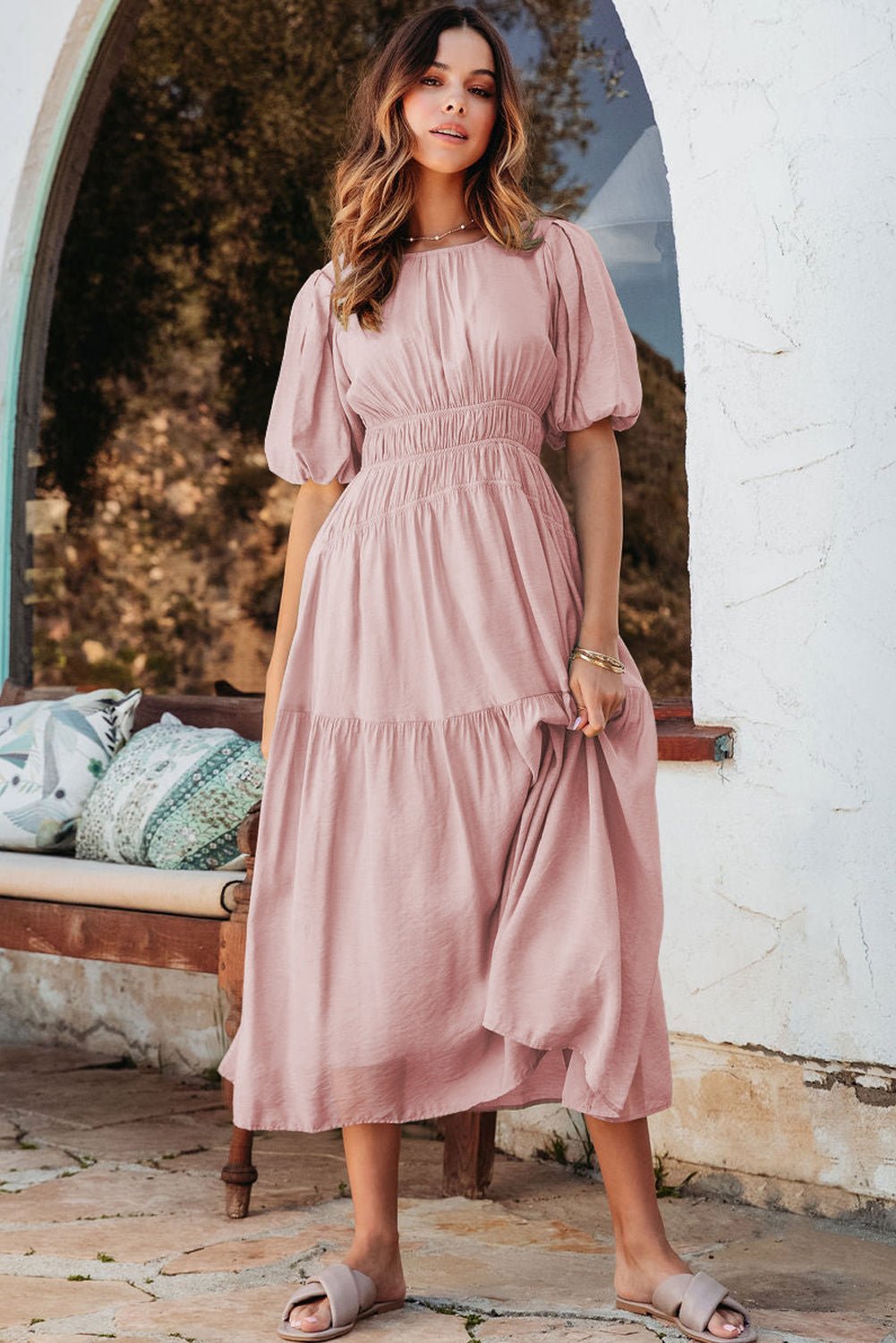 Pink Puff Sleeve Pleated High Waist Flowy Midi Dress - Goddess Vibes