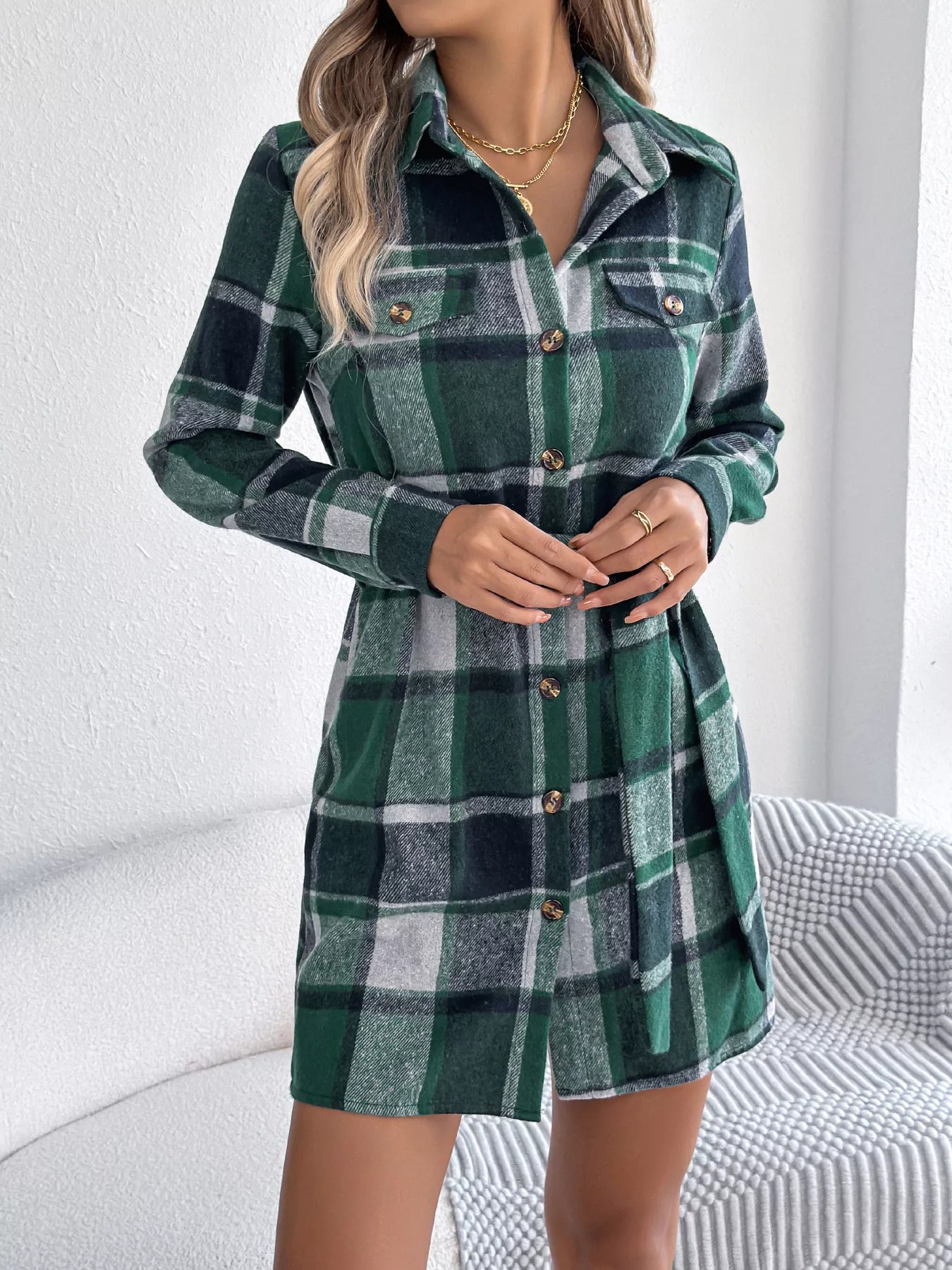 Plaid Button Front Tie Waist Shirt Dress - Goddess Vibes