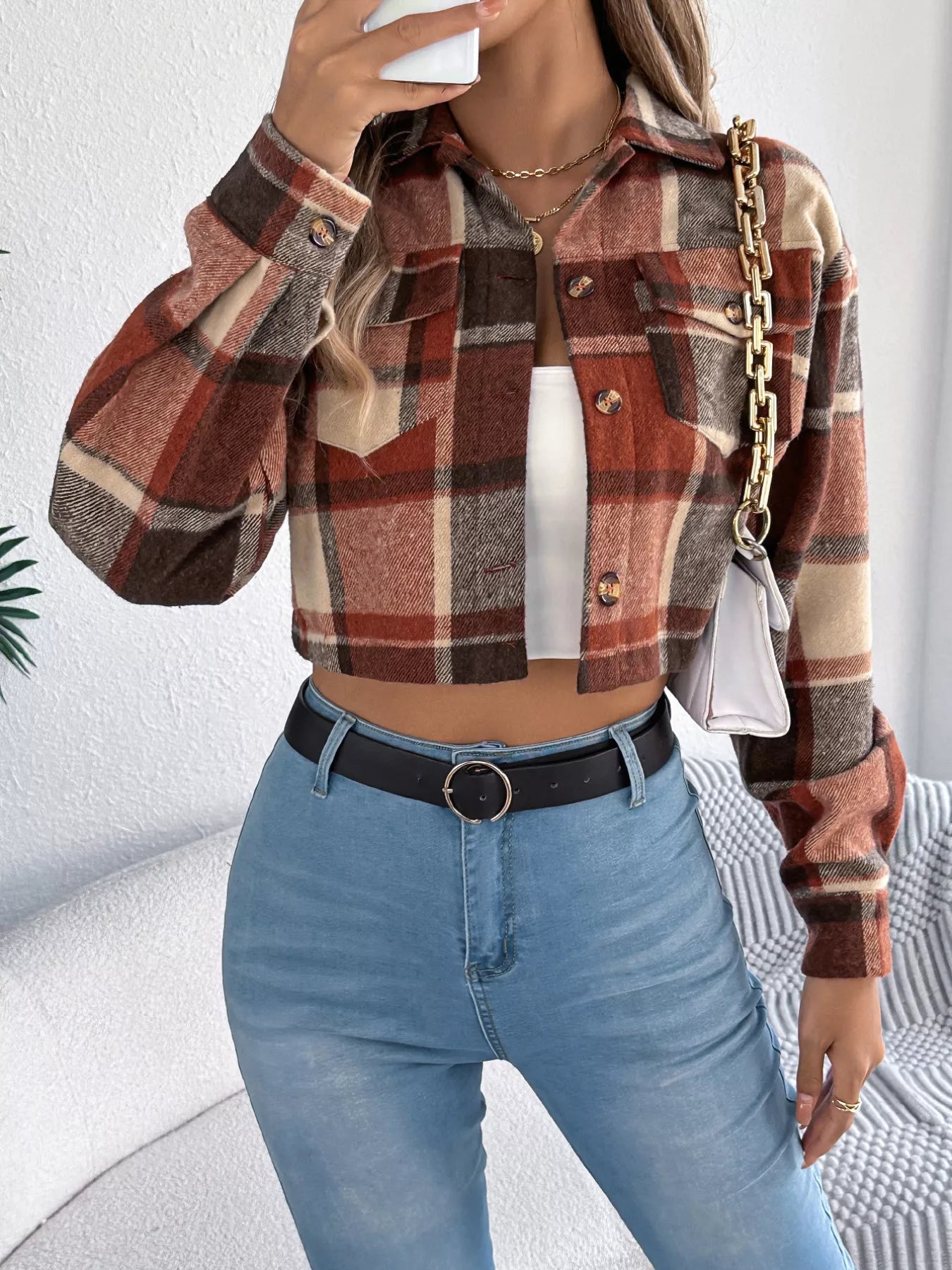 Plaid Button Up Cropped Jacket - Goddess Vibes