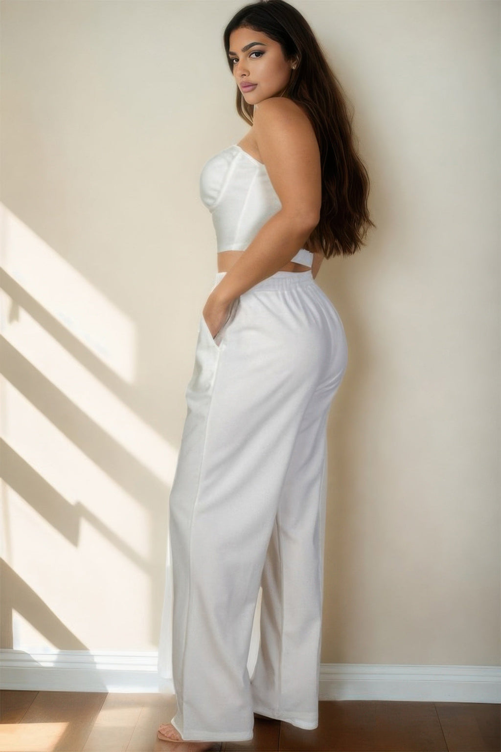 Plus Size Bustier Crop Cami Top & Slant Pocket Straight Pants - Goddess Vibes