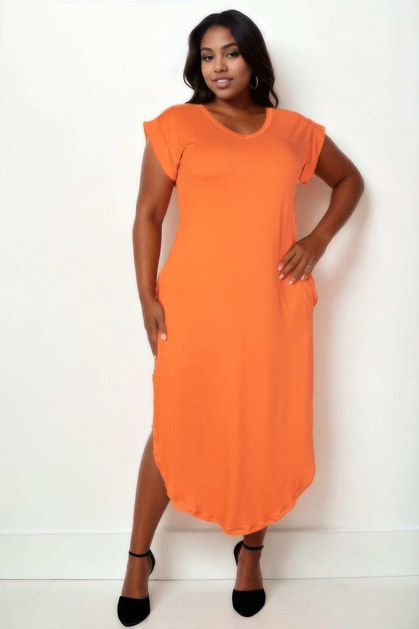 Plus Size Hidden Pocket Batwing Sleeve V Neck Long Dress - Goddess Vibes