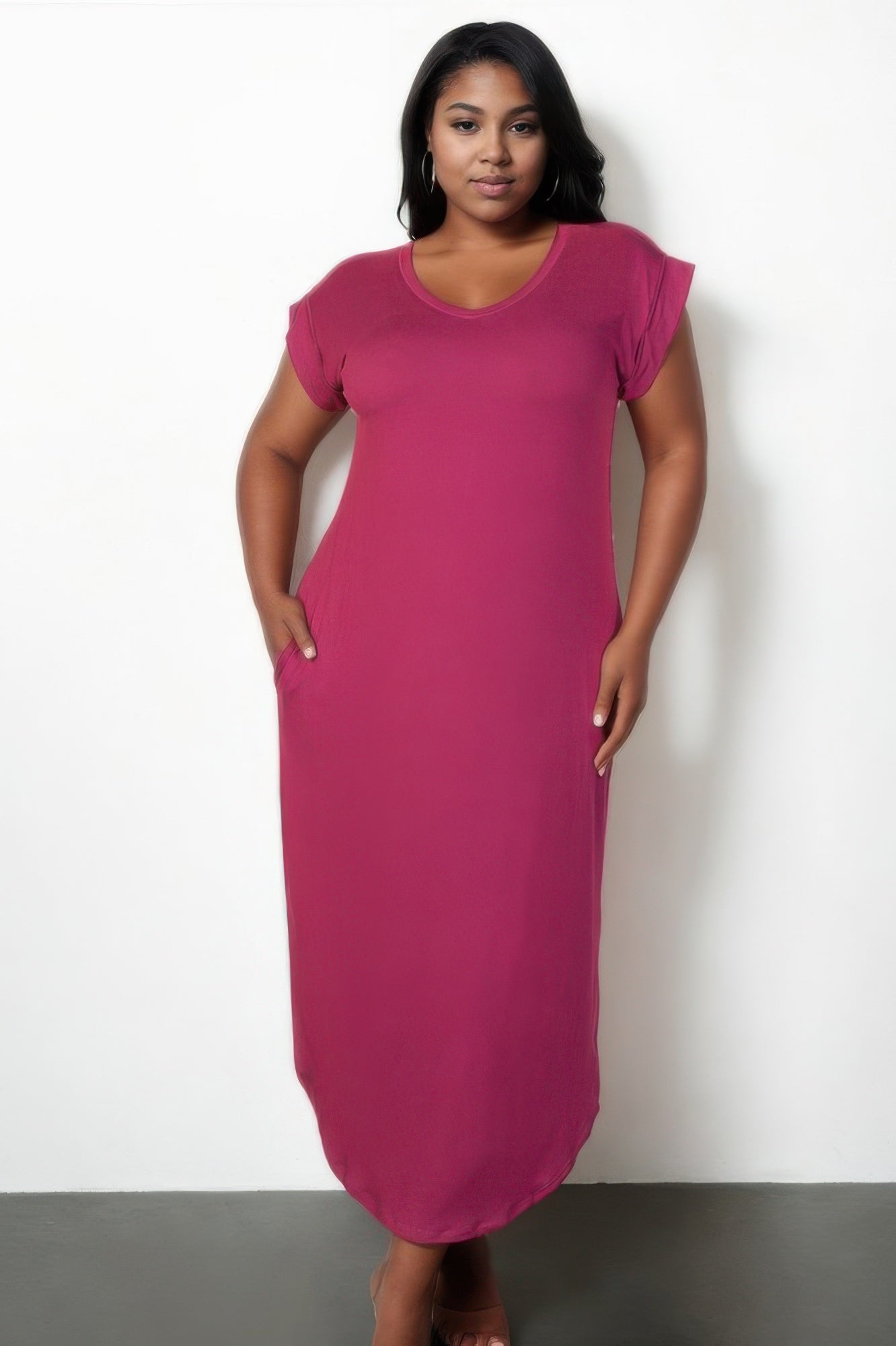 Plus Size Hidden Pocket Batwing Sleeve V Neck Long Dress - Goddess Vibes