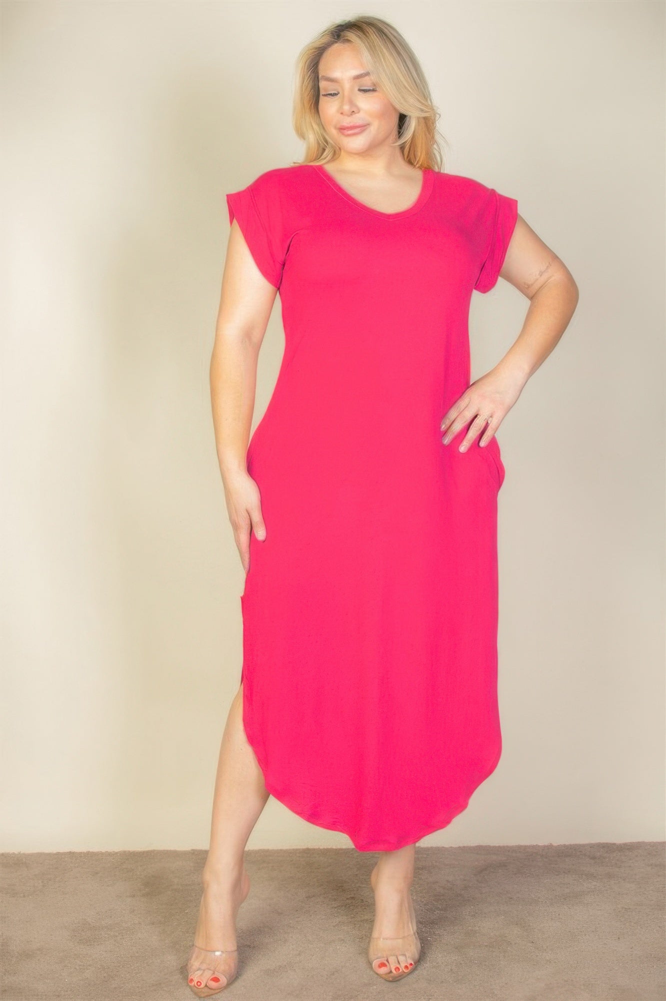Plus Size Hidden Pocket Batwing Sleeve V Neck Long Dress - Goddess Vibes