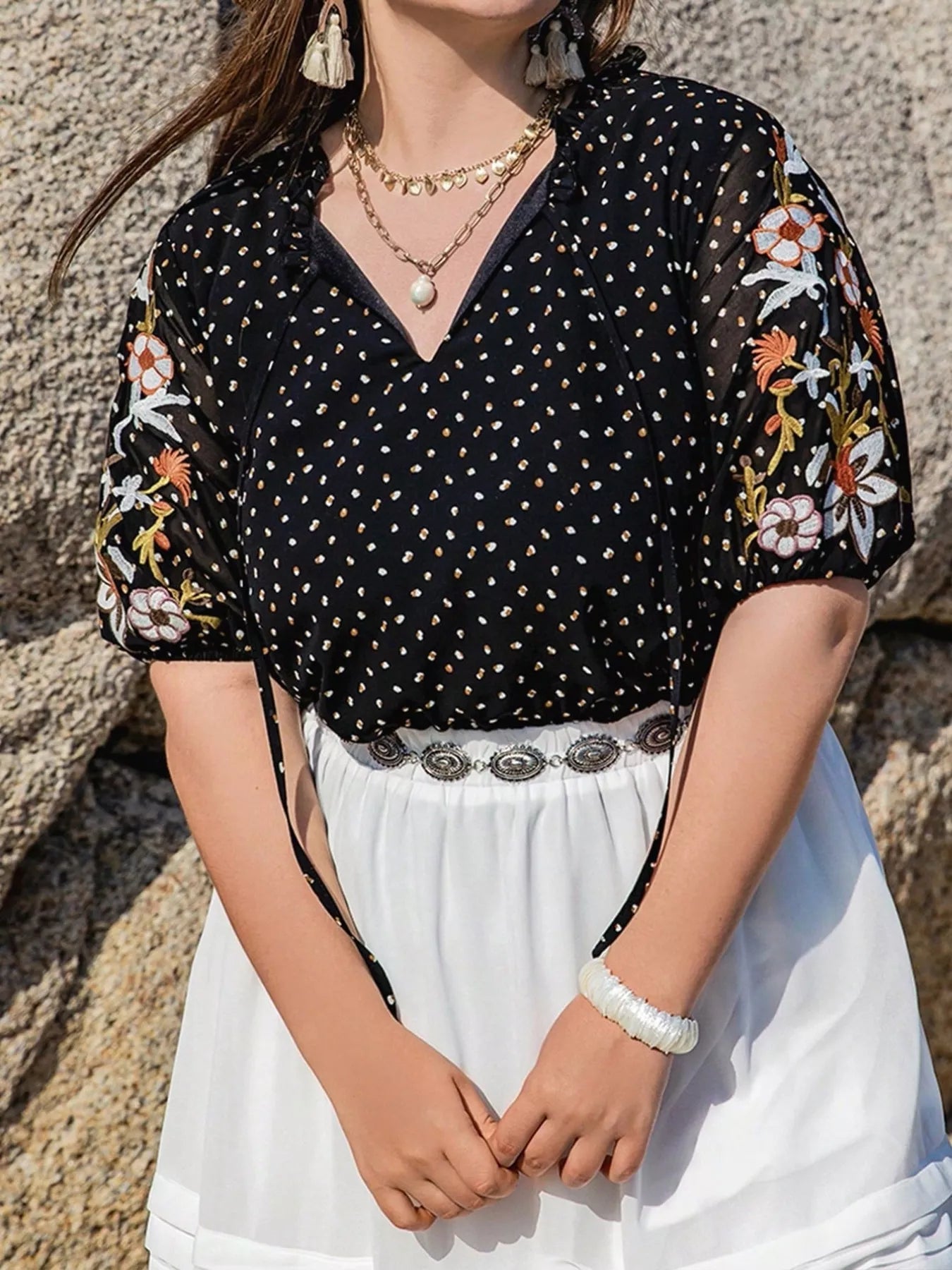 Plus Size Printed Tie Neck Half Sleeve Blouse - Goddess Vibes