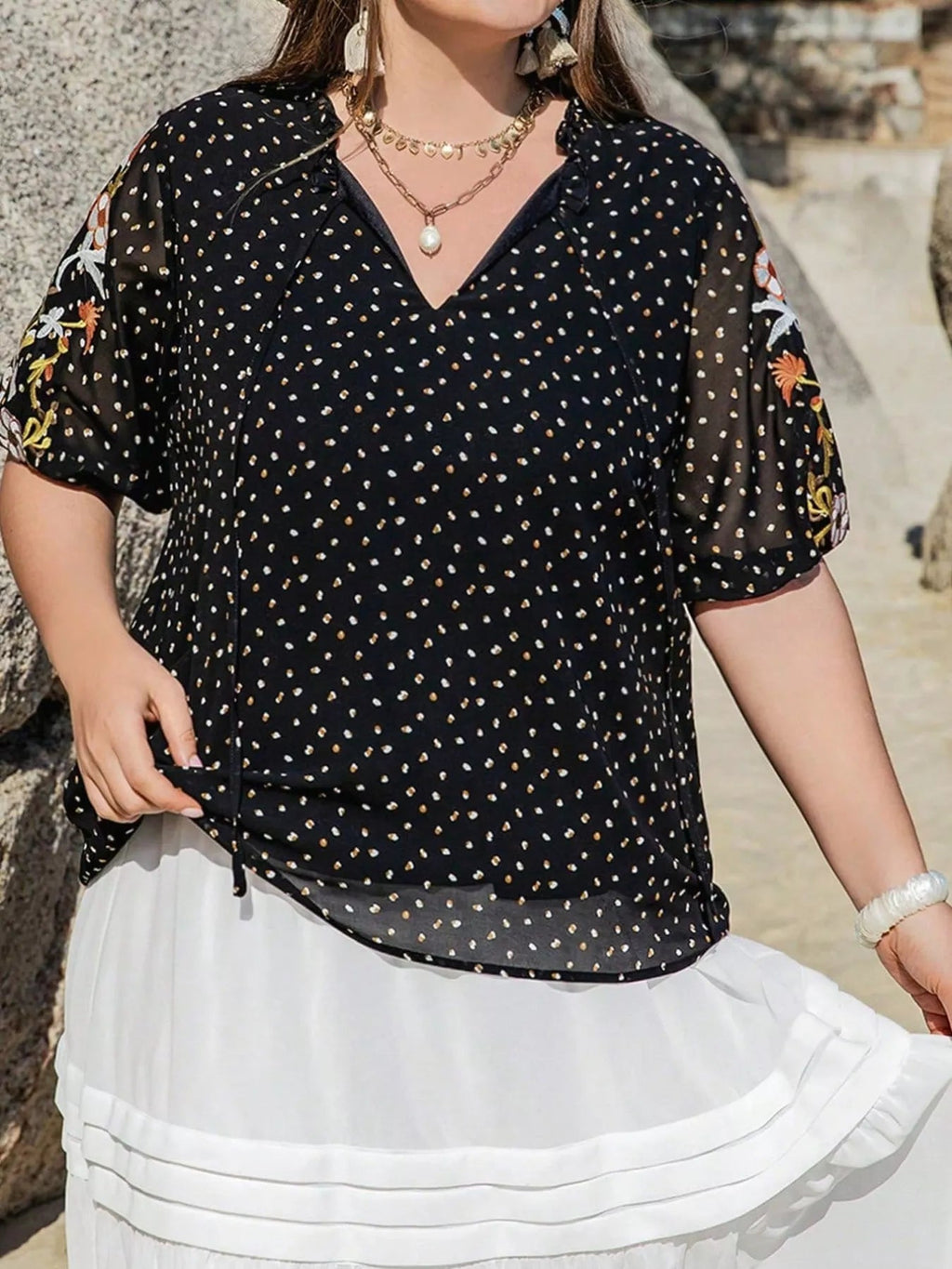 Plus Size Printed Tie Neck Half Sleeve Blouse - Goddess Vibes