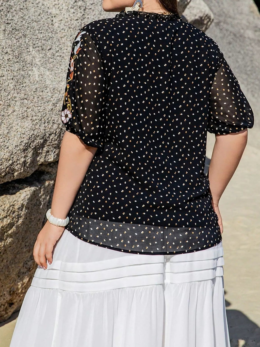Plus Size Printed Tie Neck Half Sleeve Blouse - Goddess Vibes