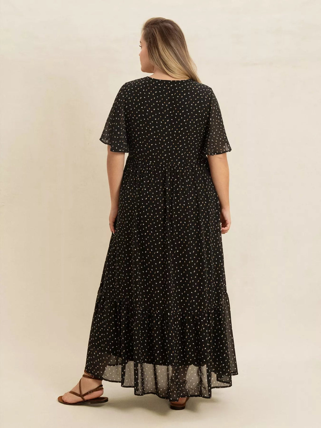 Plus Size Printed V - Neck Flutter Sleeve Maxi Dress - Goddess Vibes