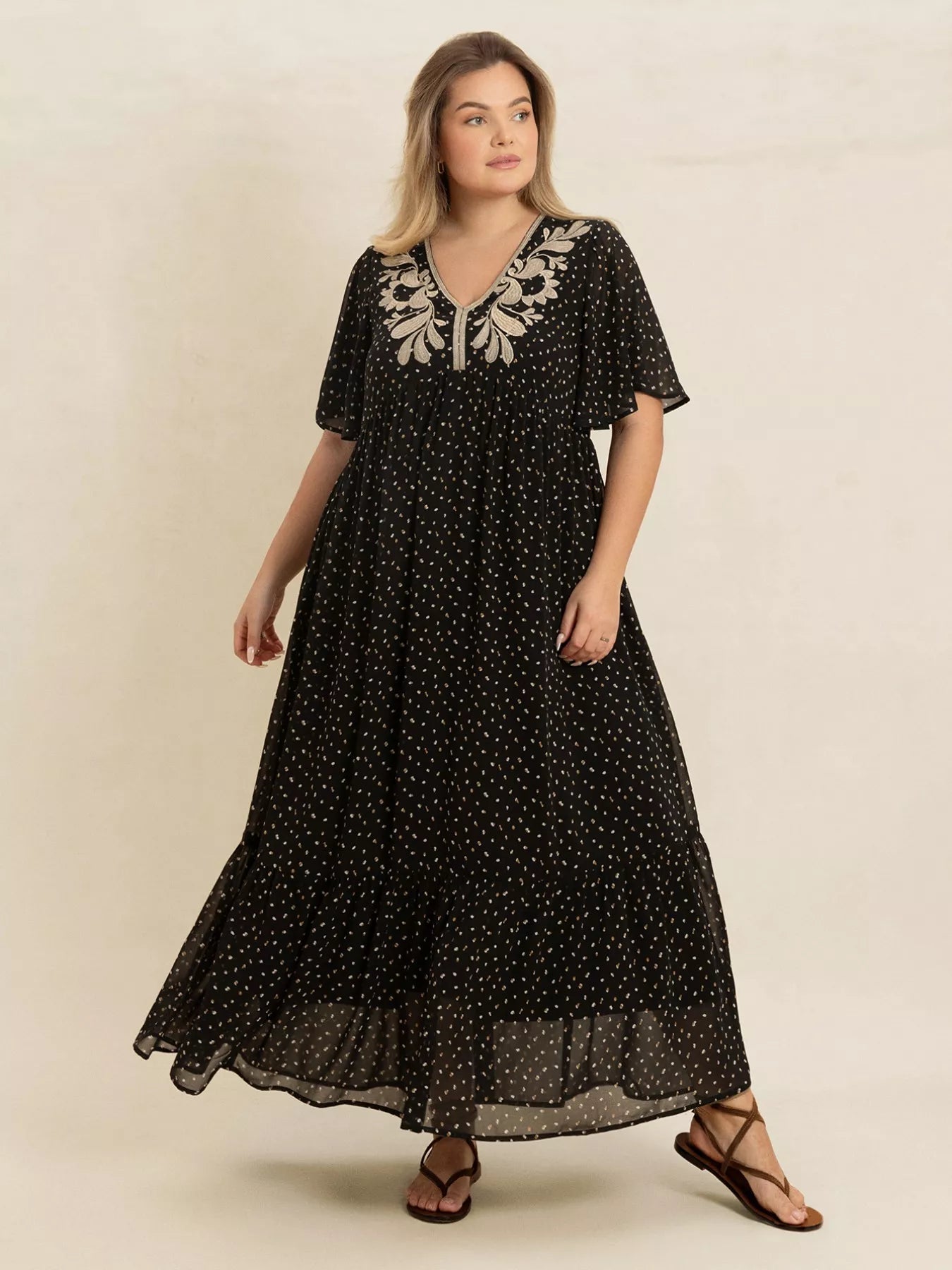 Plus Size Printed V - Neck Flutter Sleeve Maxi Dress - Goddess Vibes