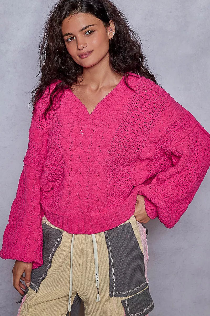POL Cable - Knit Solid V - Neck Cropped Sweater - Goddess Vibes