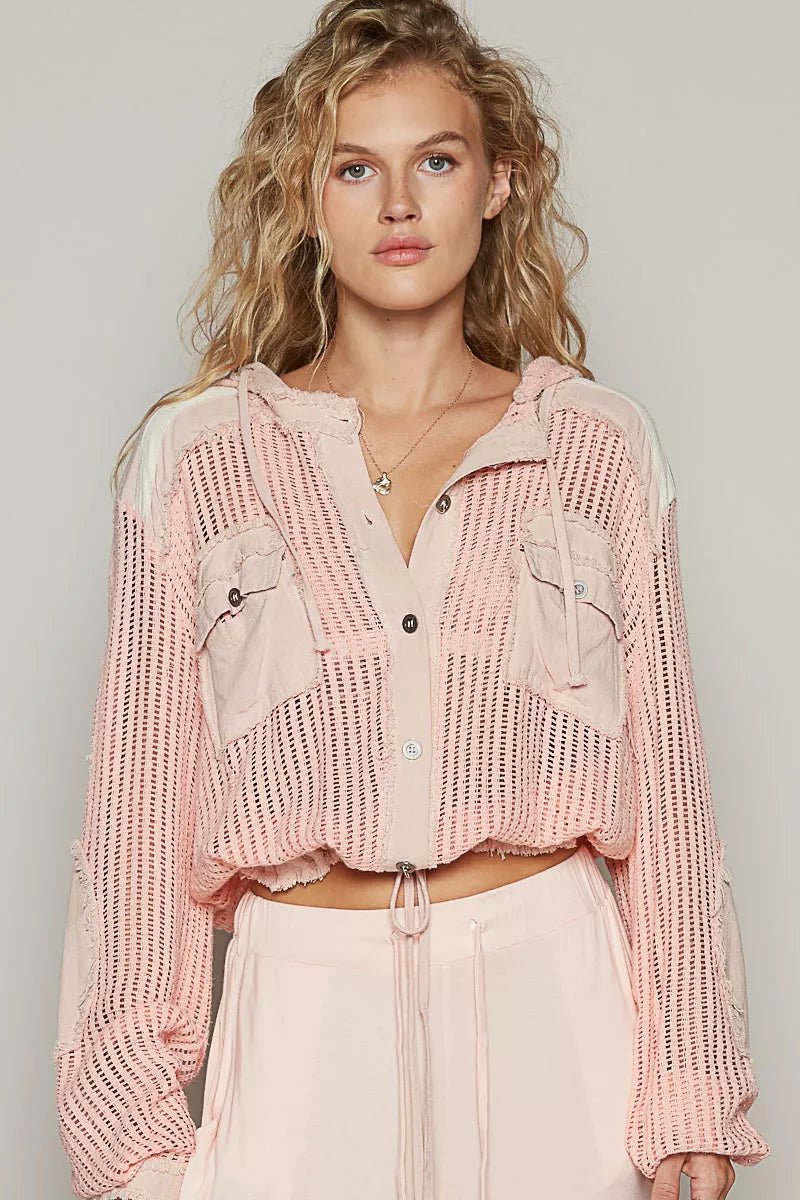POL Texture Woven Button Down Hooded Shirt with Drawstring Hem - Goddess Vibes