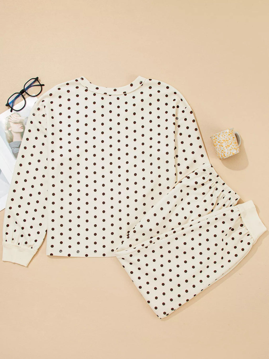 Polka Dot Notched Long Sleeve Top and Drawstring Joggers Lounge Set - Goddess Vibes