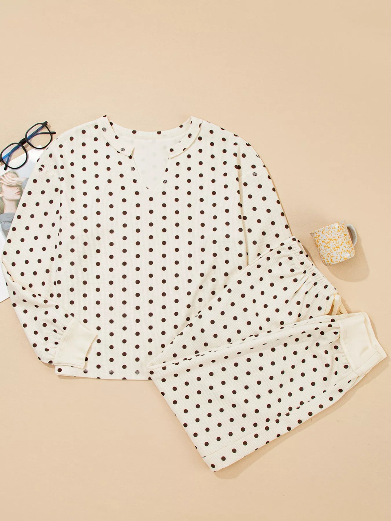 Polka Dot Notched Long Sleeve Top and Drawstring Joggers Lounge Set - Goddess Vibes